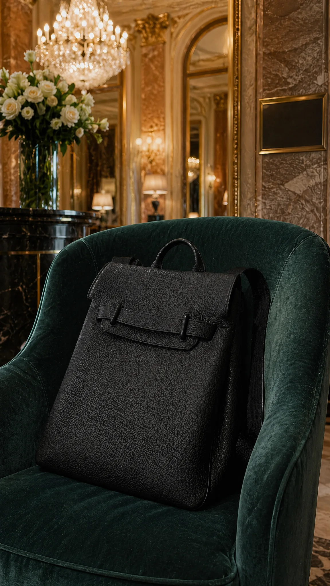 Sac sur fauteuil velours dans lobby d'hôtel parisien