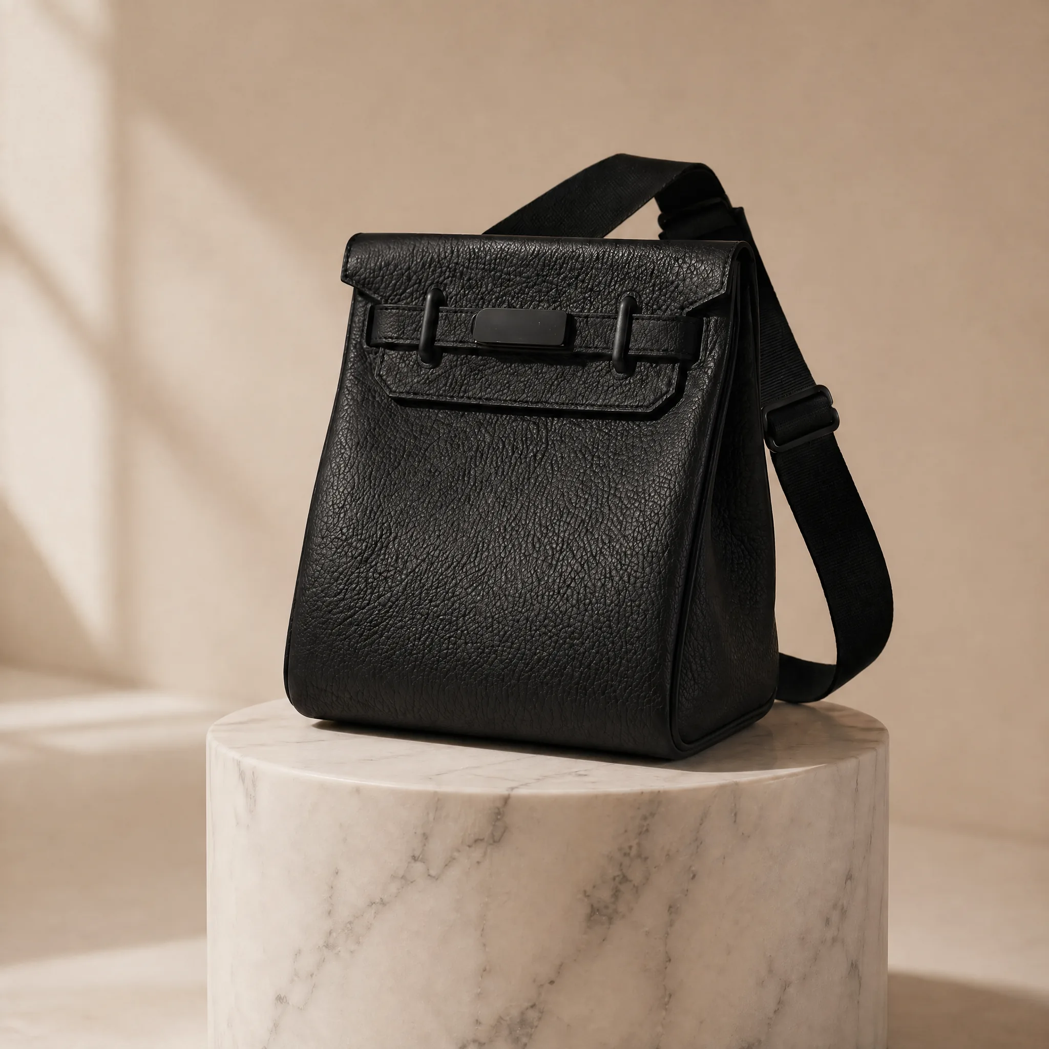 Sac sur piédestal cylindrique en marbre Carrara