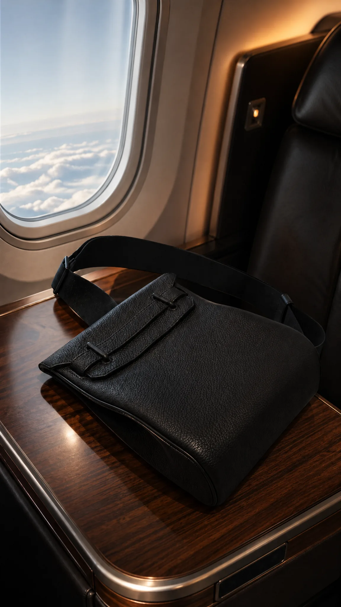 Sac sur tablette en noyer en cabine première classe