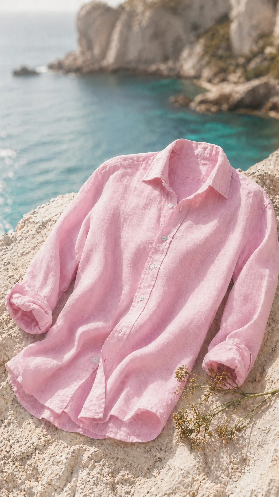 Chemise lin rose sur rocher calcaire, calanques, mer turquoise