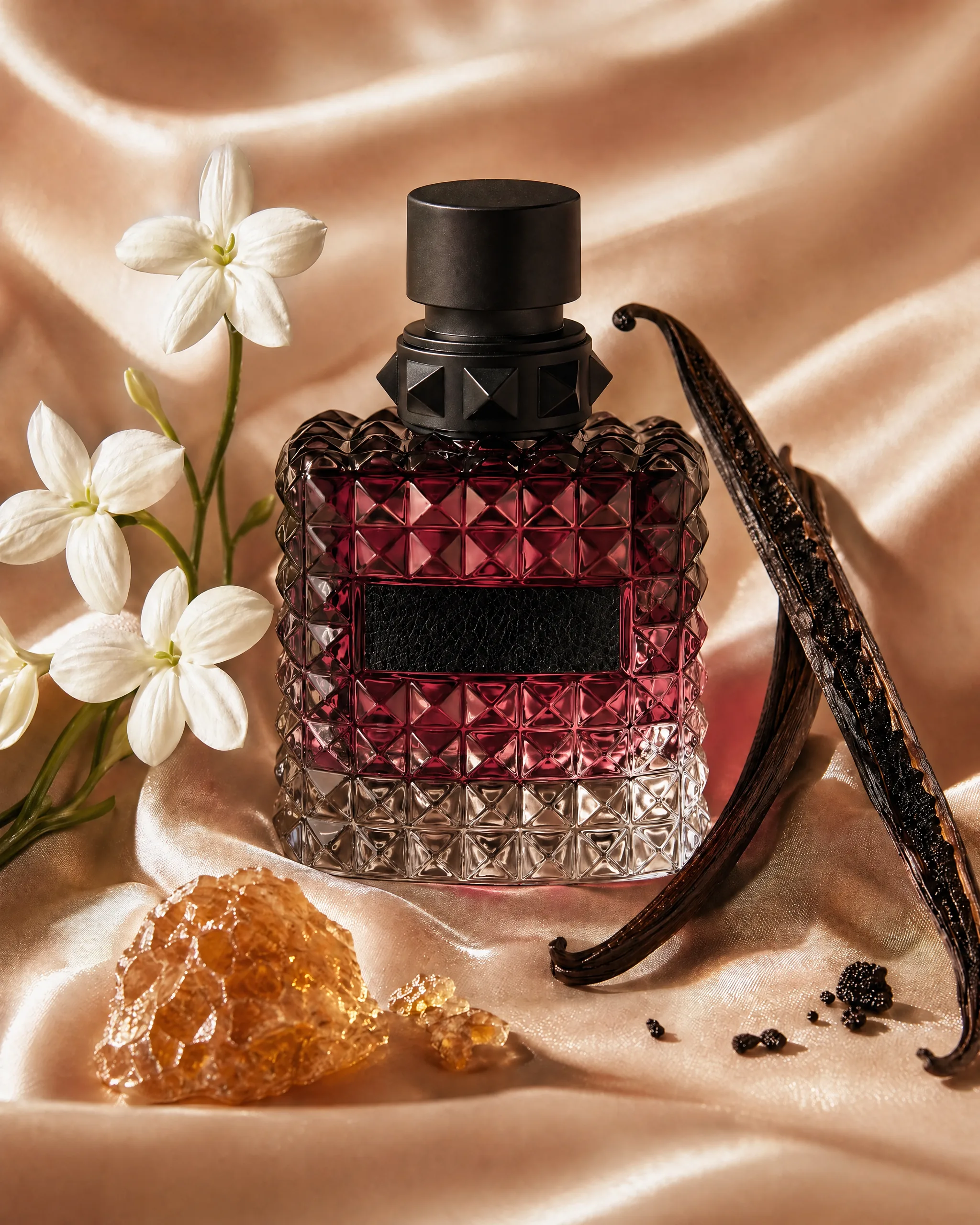 Flacon studded sur soie champagne avec trio de jasmin, vanille Bourbon, benjoin