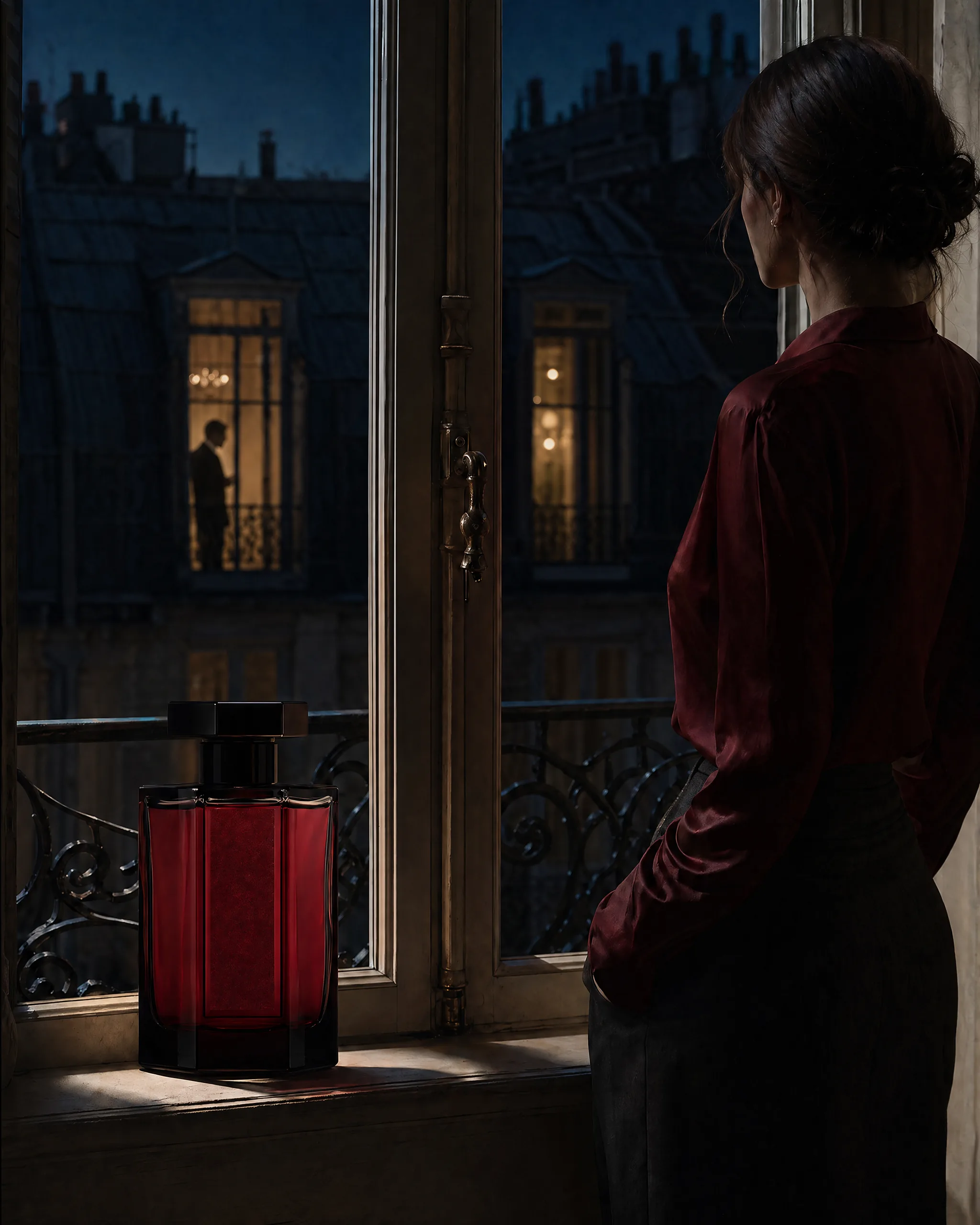 Flacon L'Amant sur fenêtre française parisienne, femme en chemisier bordeaux, silhouette d'amant à travers la cour