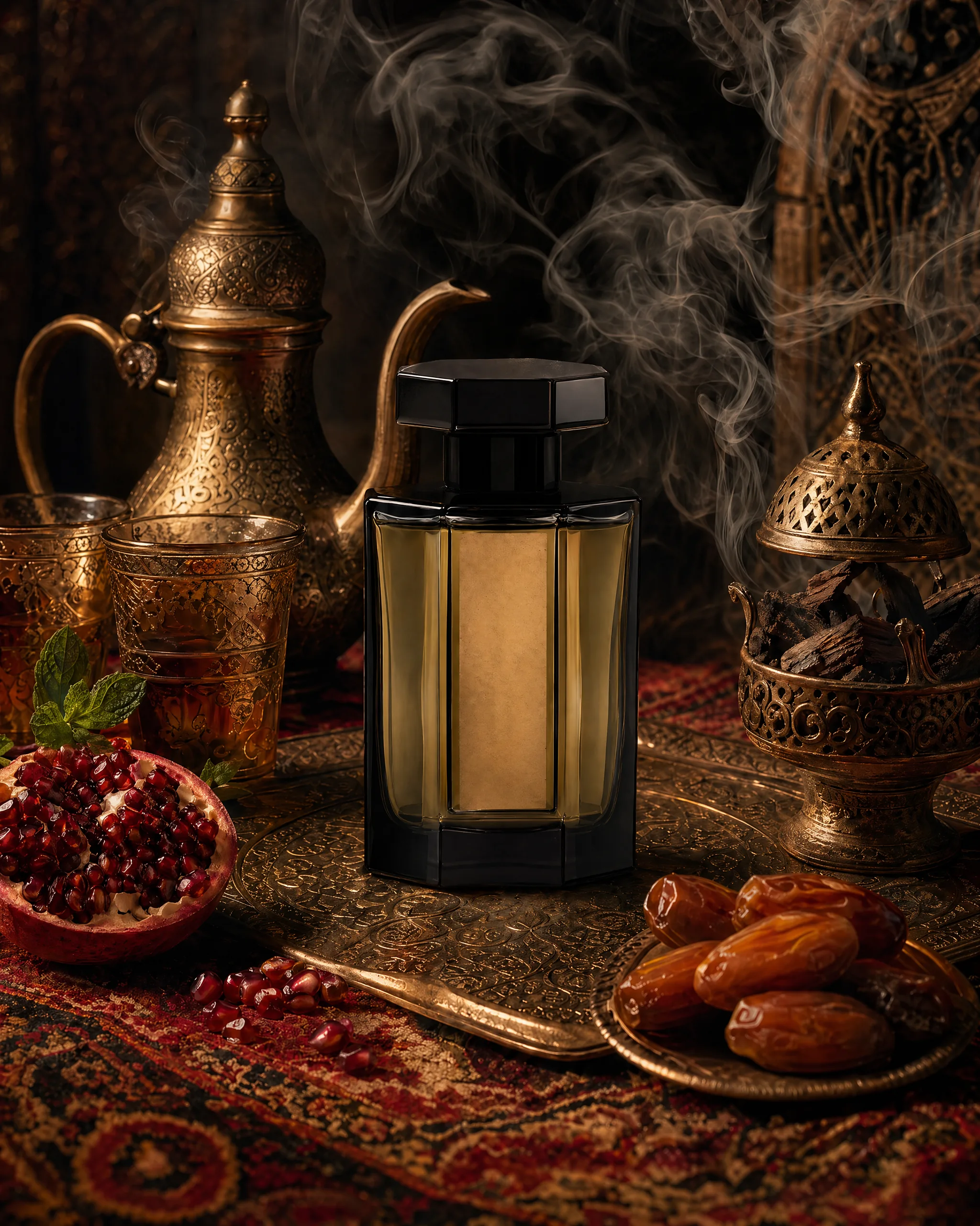 Flacon Ode à l'Oudh sur plateau marocain en laiton, théière à la menthe, grenade ouverte, dattes, brûle-encens fumant, tapis persan
