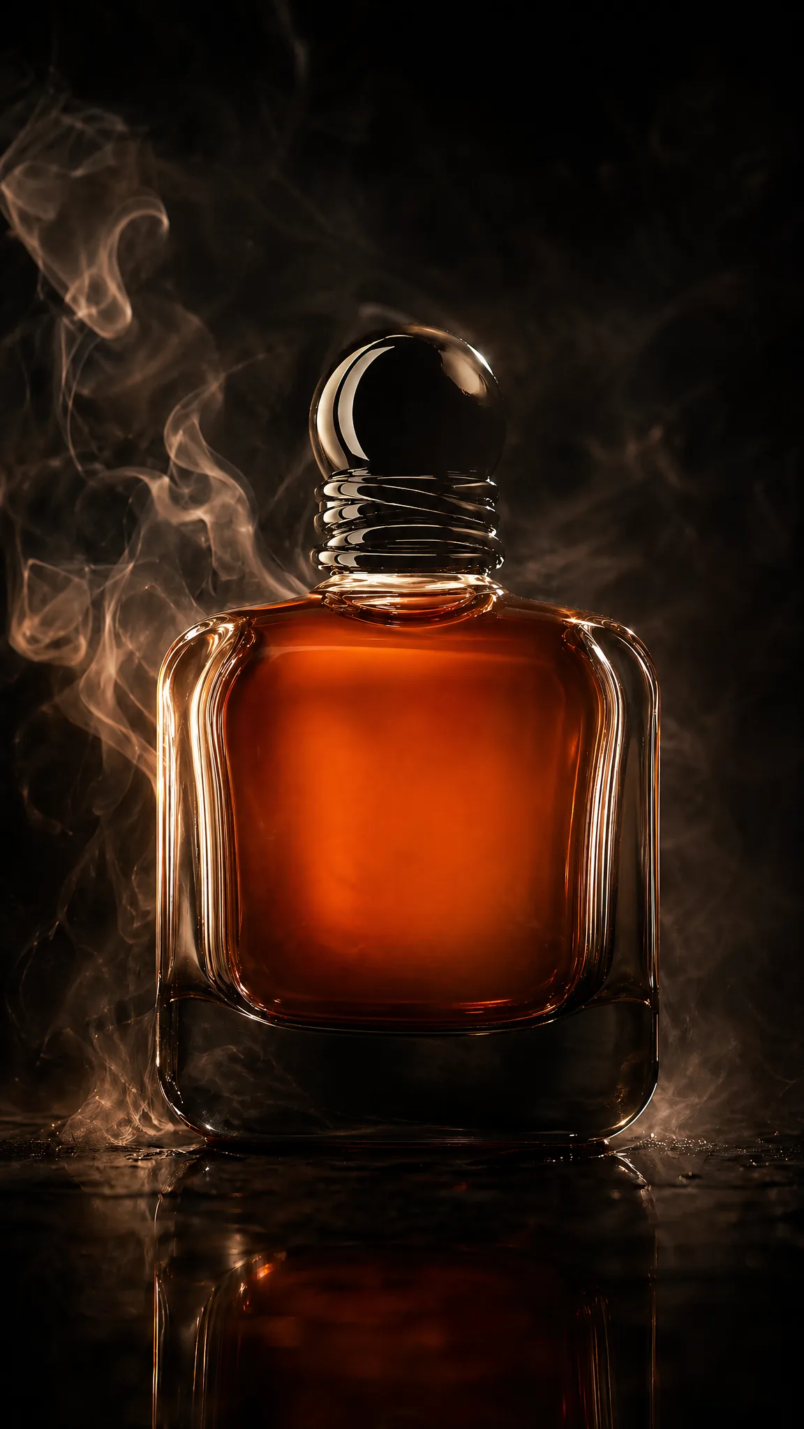 Flacon Stronger With You Absolutely sur surface noire réfléchissante, fumée chaude qui s'enroule