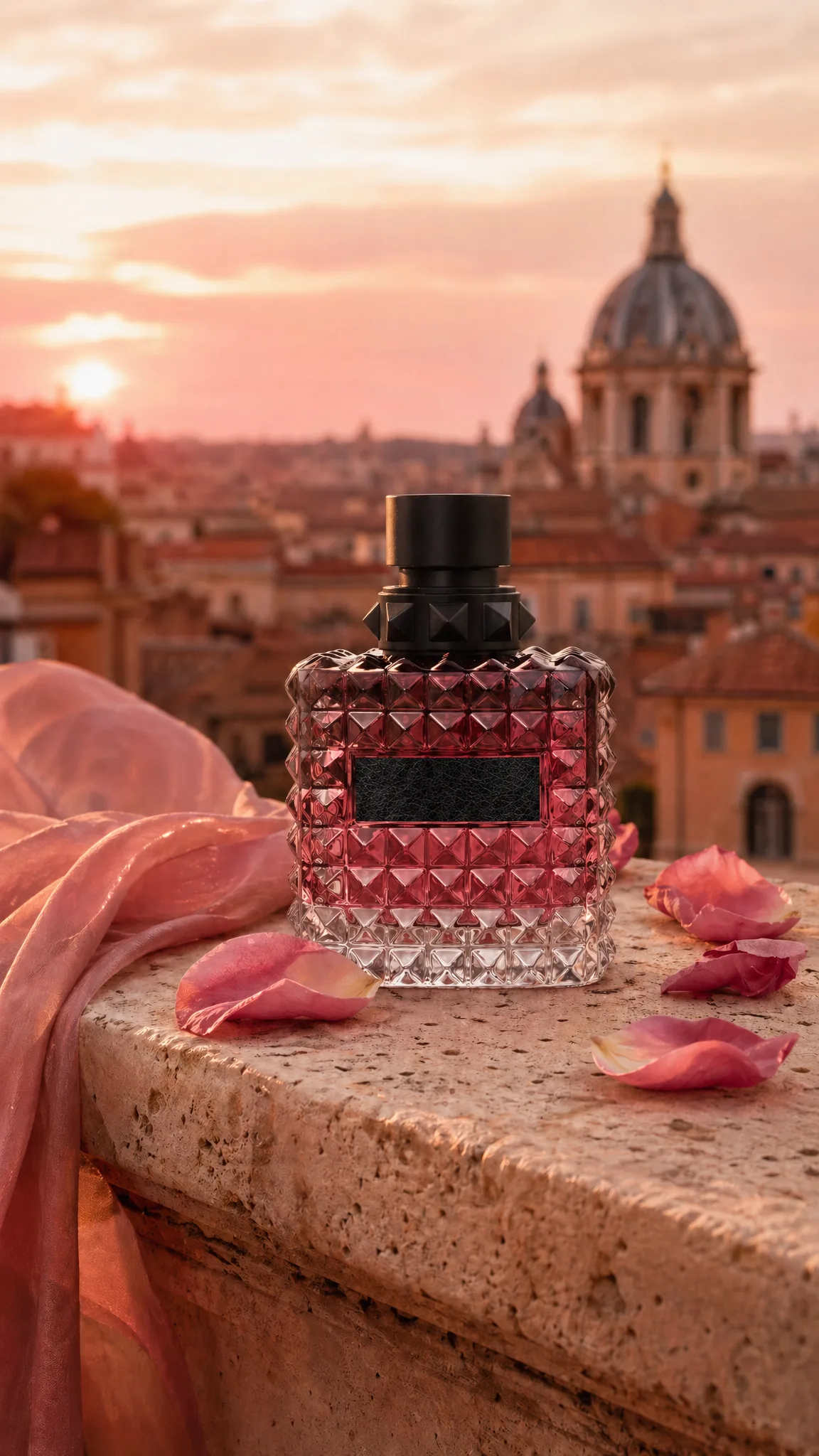 Flacon sur ledge en travertin de toit-terrasse romain au coucher de soleil, dôme baroque, voile de soie rose