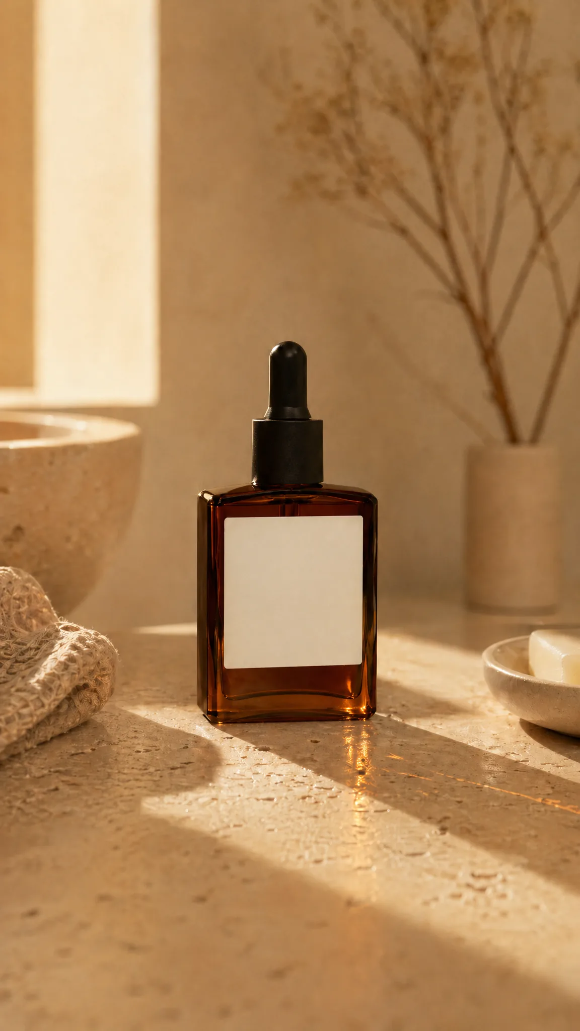 Sérum sur travertin crème au lever du soleil, branche séchée