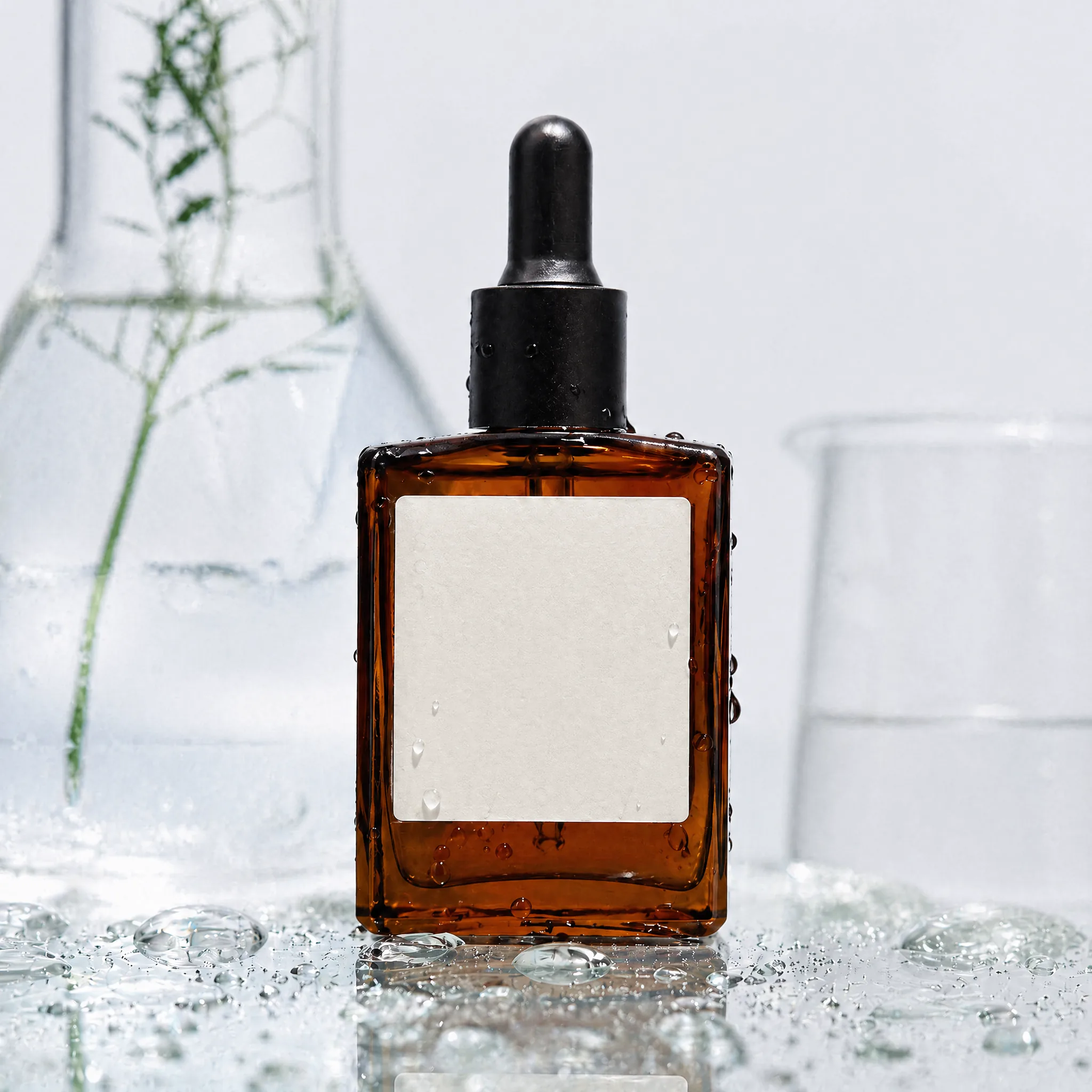 Sérum sur surface en verre couverte de gouttelettes d'eau