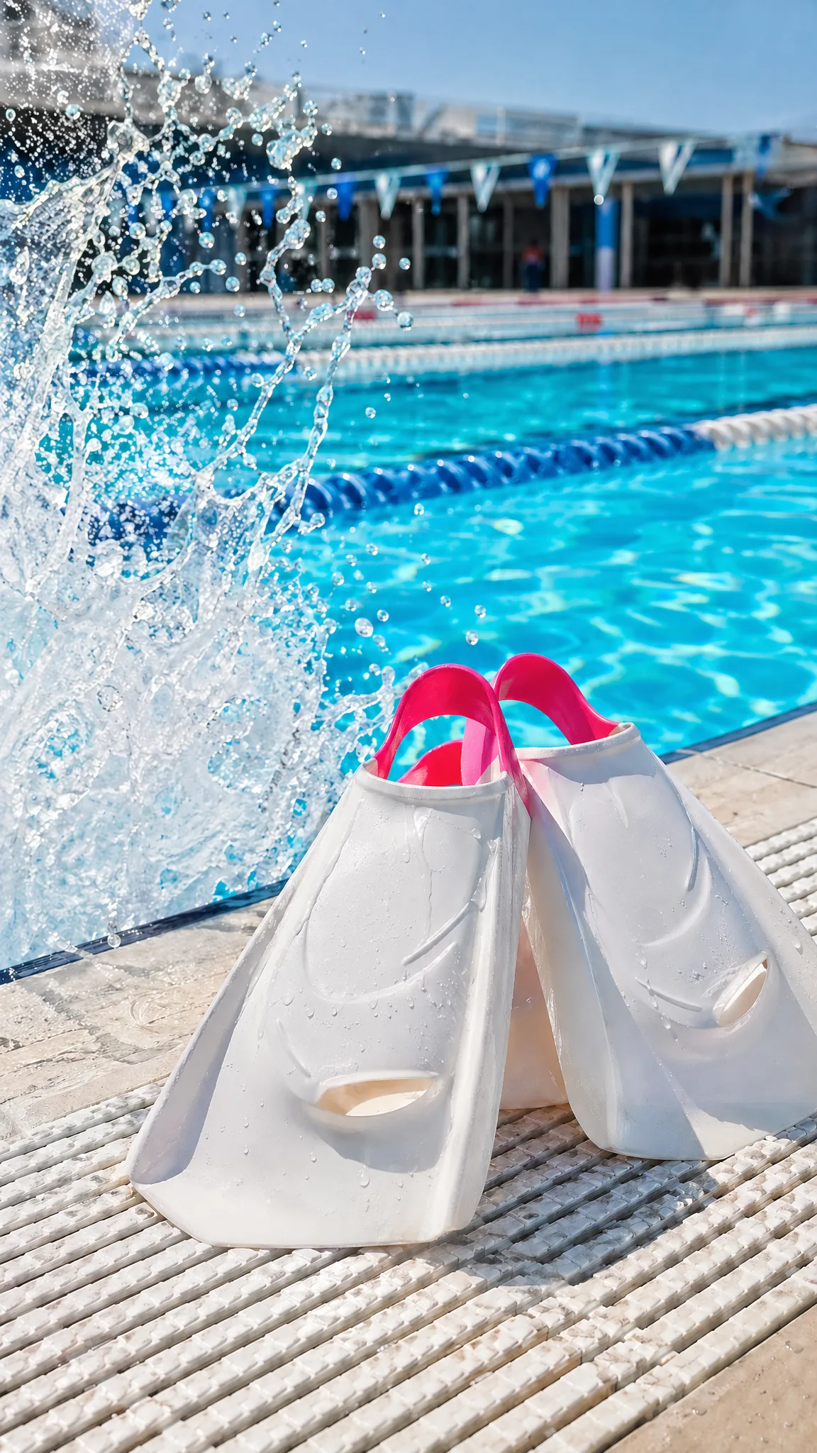 Palmes au bord d'un bassin olympique, splash gelé en l'air