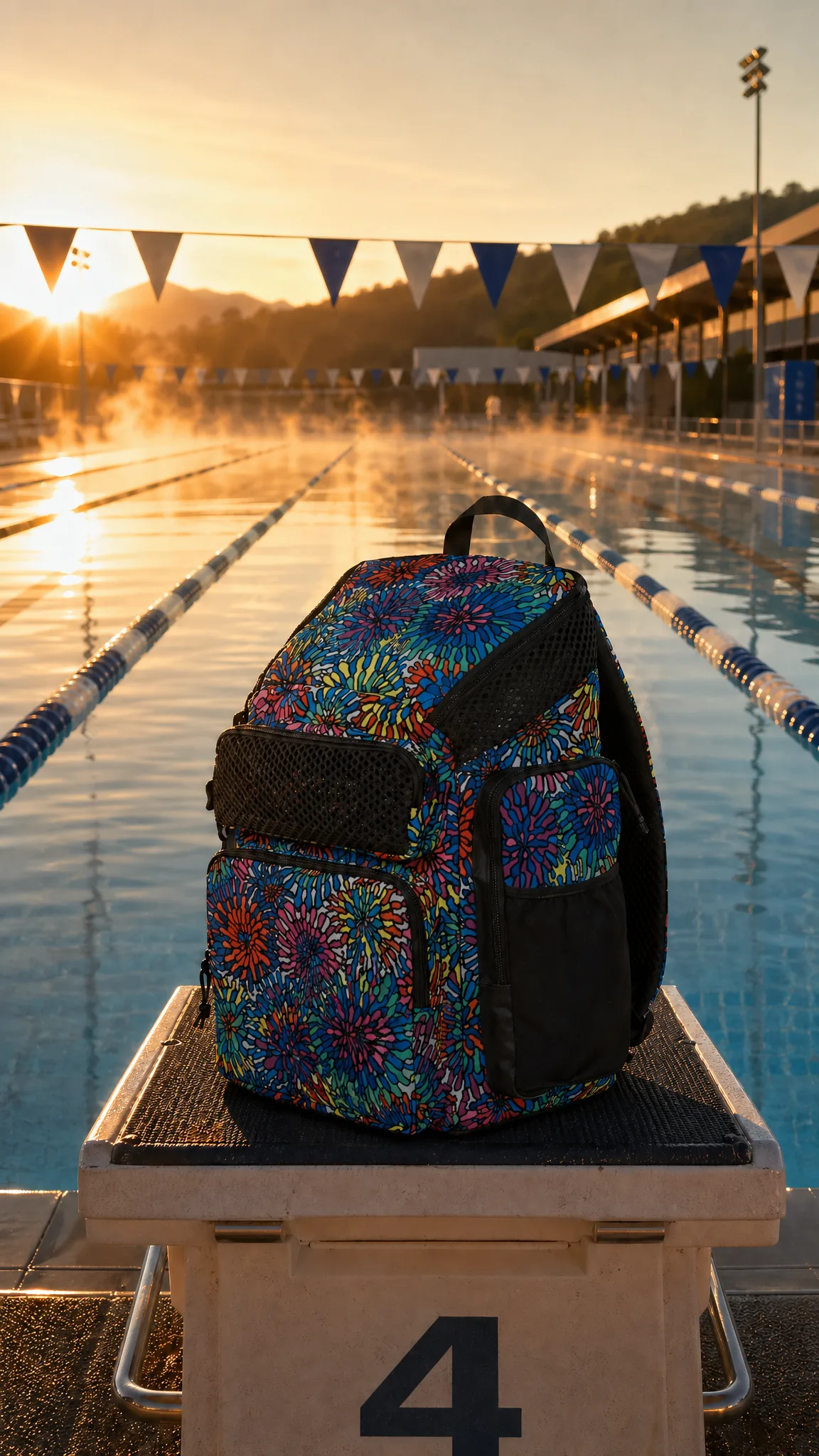 Sac sur starting block d'un bassin olympique au lever du soleil